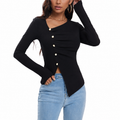 Chic Black Knit Crop Top // Irregularly Arranged Buttons Create A Sophisticated Top