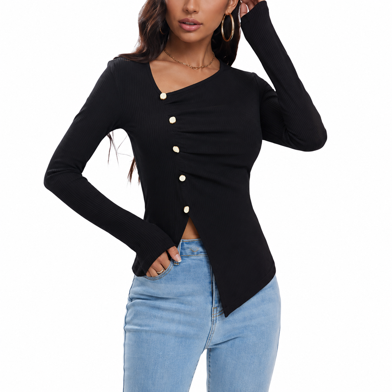 Chic Black Knit Crop Top // Irregularly Arranged Buttons Create A Sophisticated Top