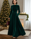 Stand Collar Loose Party Pocket Solid Velvet Long Sleeve Maxi Dress