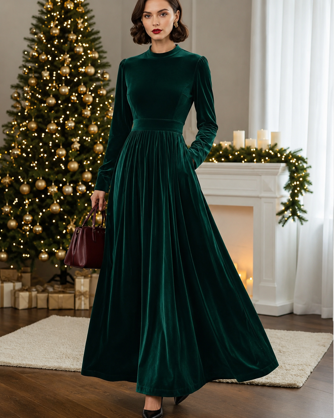 Stand Collar Loose Party Pocket Solid Velvet Long Sleeve Maxi Dress
