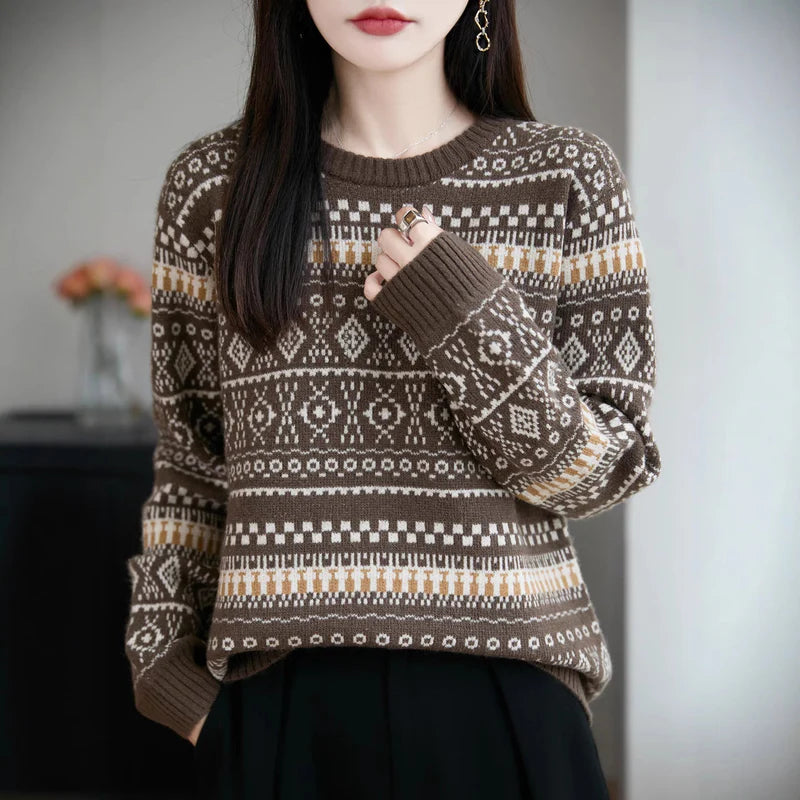 Retro Jacquard Crew-Neck Pullover Fair Isle Thickened Sweater