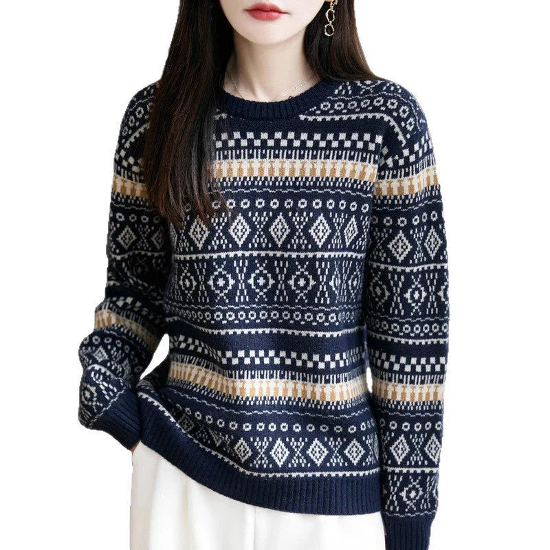 Retro Jacquard Crew-Neck Pullover Fair Isle Thickened Sweater